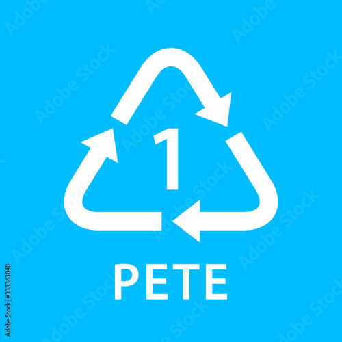 recycle arrow triangle PETE types 1 isolated on blue background, symbology one type logo of plastic PETE materials, recycle triangle types icon graphic, recycle plastic ecology icon