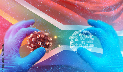 Medical molecular conceptwith backgroung of waving national flag of South Africa. Pandemic 3D illustration. photo