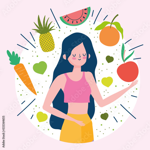 young woman with fruits and vegetables healthy life
