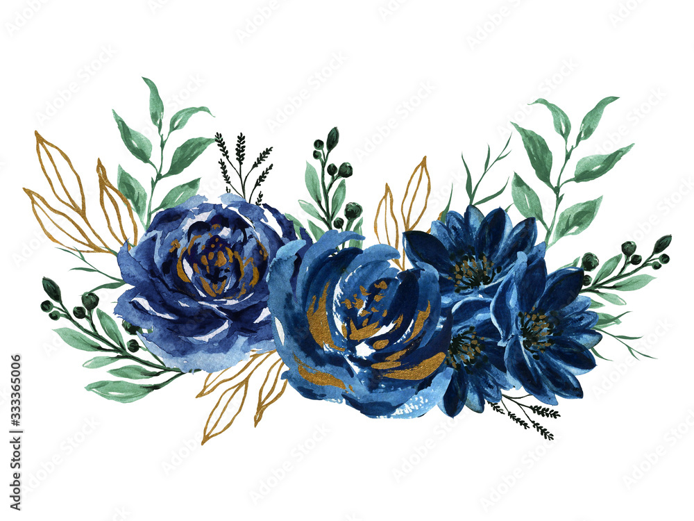Watercolor navy blue gold green bouquet illustration Painted