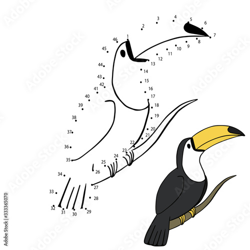 vector illustration of a logical children game connected dots toucan bird on a white background isolated drawing