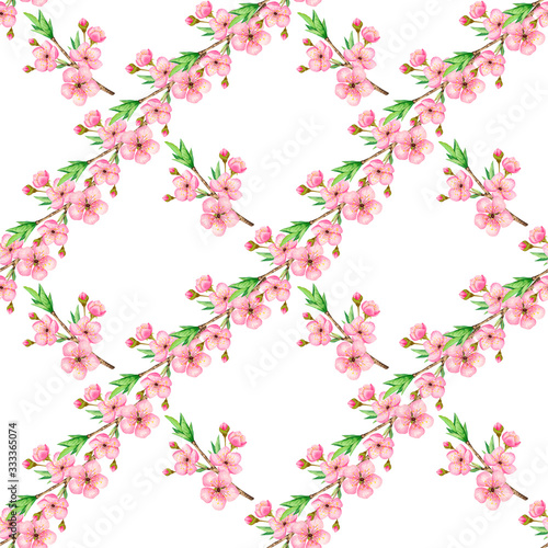 Watercolor seamless pattern of cherry blossoms on a white background. Hand-drawn illustration.