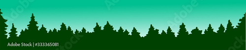 Silhouette of coniferous forest. Vector isolated illustration. Dense impenetrable thickets of Taiga. The sun rises behind the trees. The sky is green, hard winter frost.