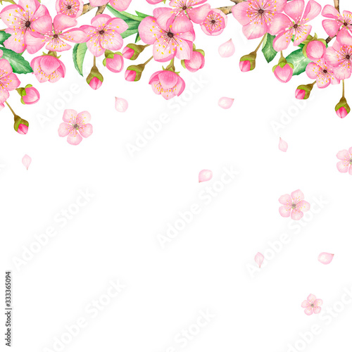 Fototapeta Naklejka Na Ścianę i Meble -  Watercolor frame of cherry blossoms. Hand-drawn illustration of flowers, leaves, and cherry branches on a white background. For invitations, postcards.