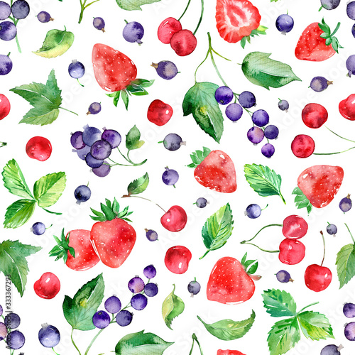 Fototapeta Naklejka Na Ścianę i Meble -  Various berries watercolor pattern, cherry, black currant, strawberry seamless background