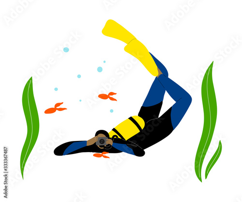 Scuba diver swimming underwater and takes pictures of fish in deep-sea or ocean. Vector illustration in the flat cartoon style.