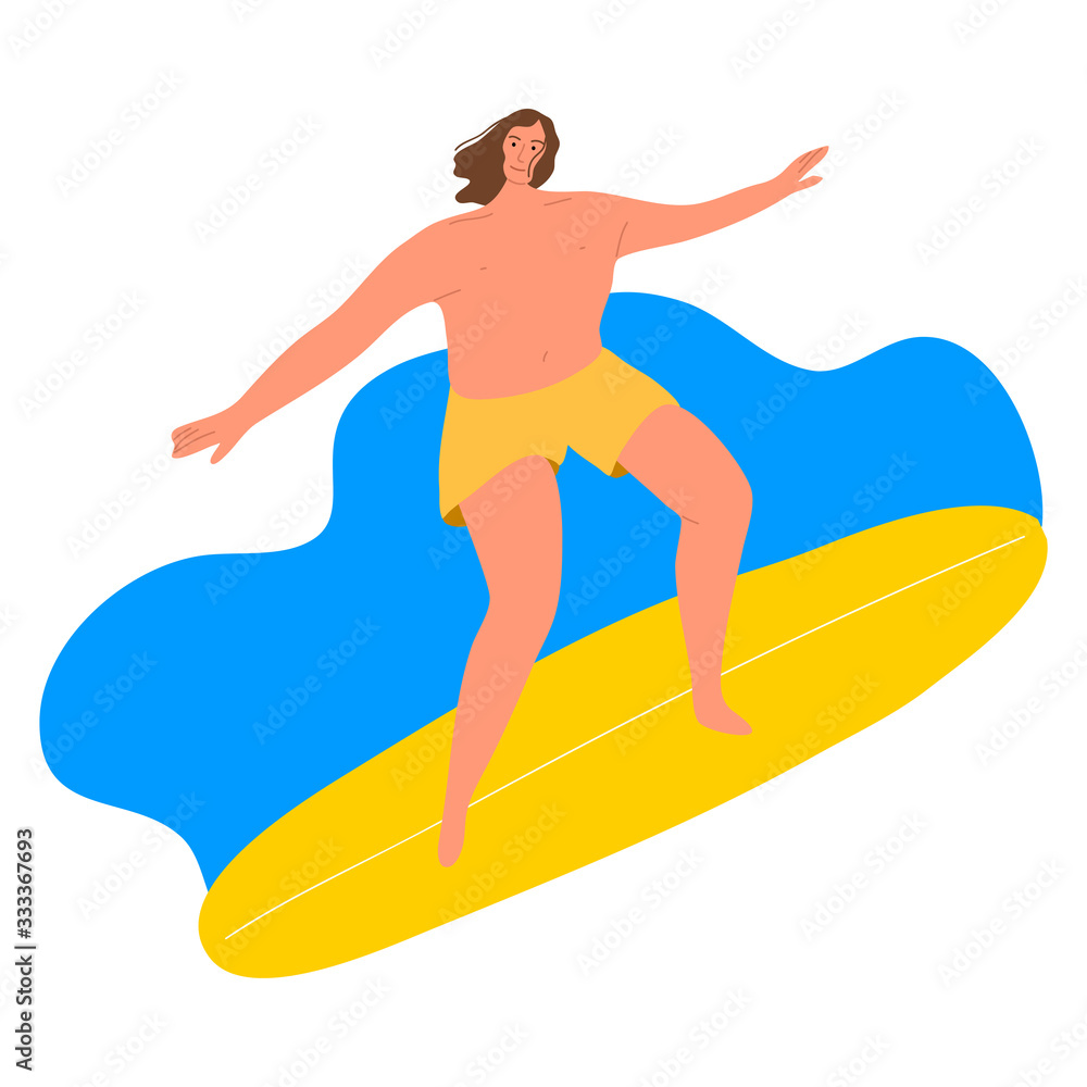 Surfer man in yellow shirts riding on waves with the surfboard. Vector illustration in the flat cartoon style.