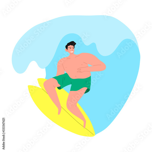 Surfer man in green shirts riding on the crest wave with the surfboard. Vector illustration in the flat cartoon style.