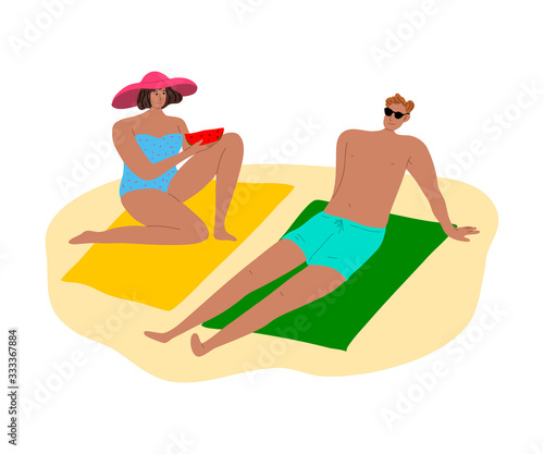 Happy couple of man and woman in swimsuits sunbathing on towels at the beach. Vector illustration in flat cartoon style