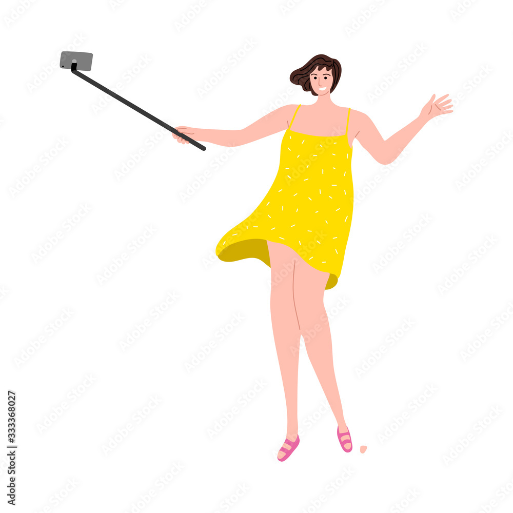 Cute girl in yellow dress taking selfie photo with a smartphone. Vector illustration in flat cartoon style Cute girl in yellow dress taking selfie photo with a smartphone. Vector illustration in flat cartoon style