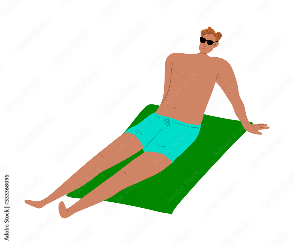Man lying sunbathing on towel at the beach and relaxes. Vector colorful illustration in cartoon style
