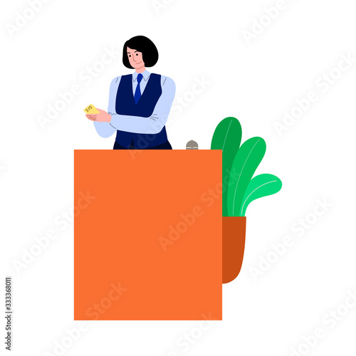 Cute manager and customer woman at a hotel or hostel reception desk holding room keys. Concierge service.