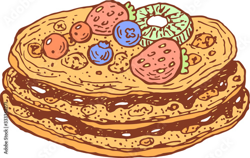 Pancake with chocolate and fresh berries. The colorful doodle cartoon isolated element. Shrovetide holiday. Hand drawn sketch. Isolated element for menu and flyer design. Vector illustration