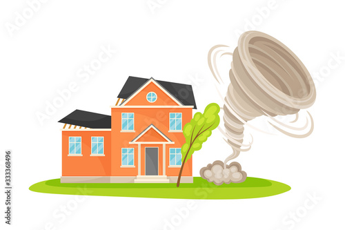 Tornado or Whirlwind Causing Damage to Residential House Vector Illustration