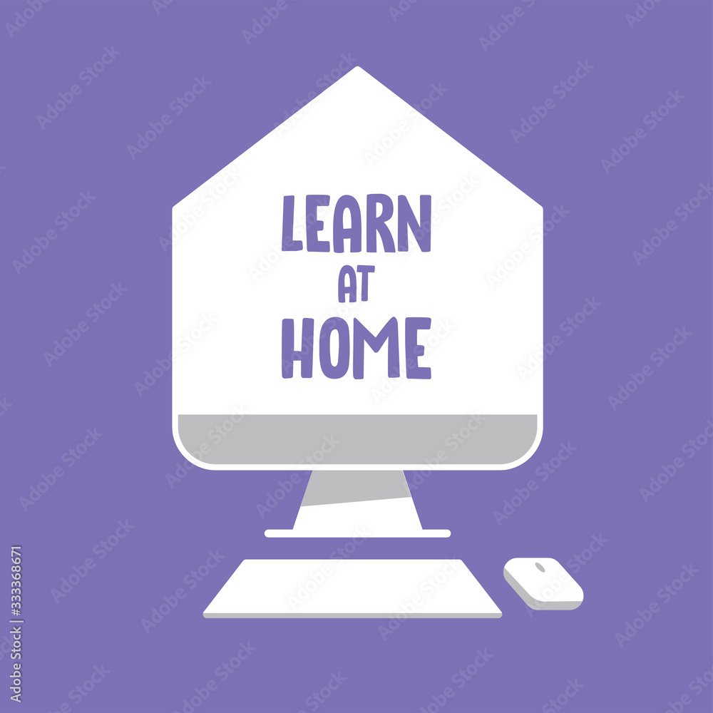 Learn at home text in computer screen illustration. E-learning message for quarantine times in coronavirus pandemic outbreak. Online education symbol. Learn at home text in computer screen illustration. E-learning message for quarantine times in coronavirus pandemic outbreak. Online education symbol.