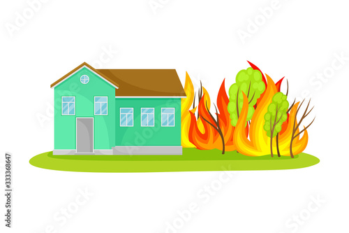 Fire Flames Approaching Residential House Vector Illustration