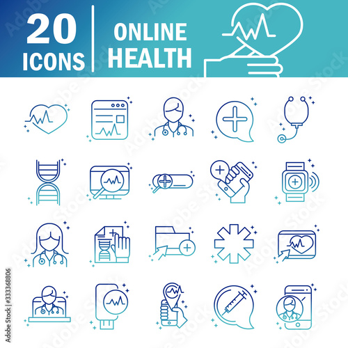 online health, medical assistance support consultation icon set covid 19 pandemic gradient line icon