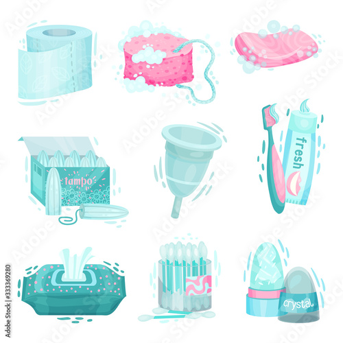 Personal Hygiene Items with Cotton Buds and Toilet Paper Vector Set