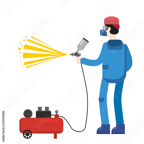 Spray painter professional character spraying yellow paint from paint gun wearing mask and uniform