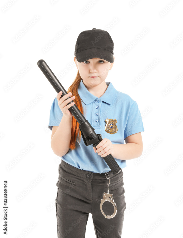 Cute little police officer on white background
