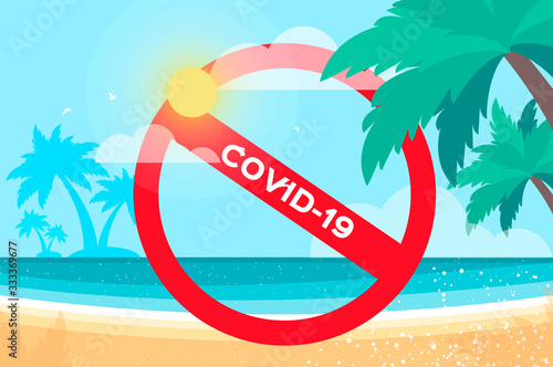 Nobody under the palm tree on Seashore. Stop risk. Holidays. Vacation trip. Stop Covid-19. Spread prevention. Stay home. dangerous virus. Flat