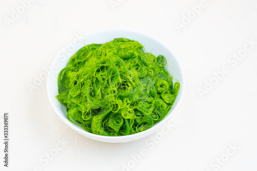 Fresh Algae in bowl on white backdrop.copy space .asia food.natural food