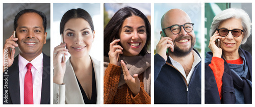 Foto Happy cheerful men and women talking on smartphone portrait set