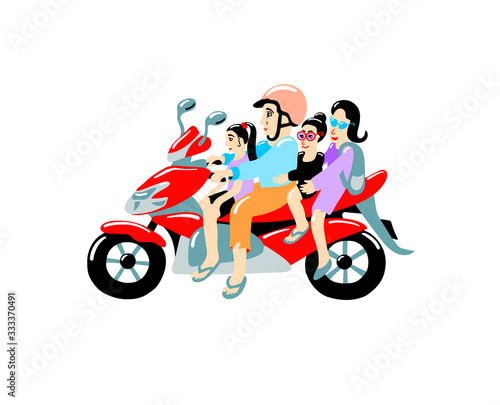 family of four people on a moped, the most common form of transport in indonesia