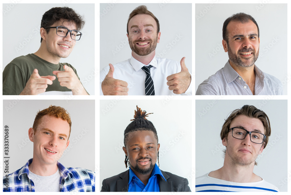 Fototapeta premium Happy multiracial male customers portrait set. Handsome men smiling at camera. Multiple shot collage. Human emotions concept