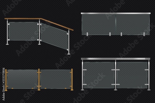 Glass balustrade with iron banister front and angle view. Vector realistic mockup of different sections of clear acrylic fence with metal or wooden railing isolated on transparent background