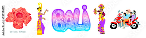 set of 5 symbols from Bali island Indonesia, - rafflesia flower, bali dancers girls, family on a moped and hand lettering inscription Bali