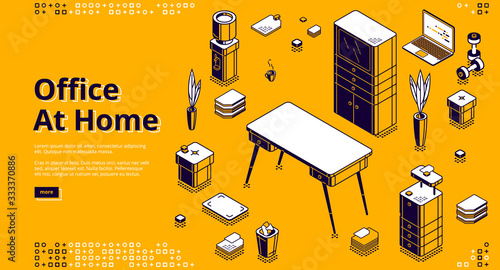 Office at home isometric landing page. Workplace with computer table, Pc monitor and litter bin, working place desk for businessman, analyst, freelancer, 3d vector illustration, web banner line art