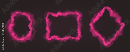 Pink smoke frames isolated on dark background. Vector realistic set of borders from magic fog, pink mist clouds in shape of circle, square and rhombus. Abstract banners with smoke texture frames