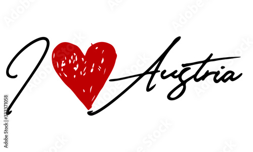 I love Austria Red Heart and Creative Cursive handwritten lettering on white background.
