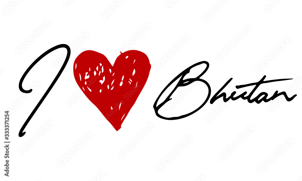 I love Bhutan Red Heart and Creative Cursive handwritten lettering on white background. I love Bhutan Red Heart and Creative Cursive handwritten lettering on white background.
