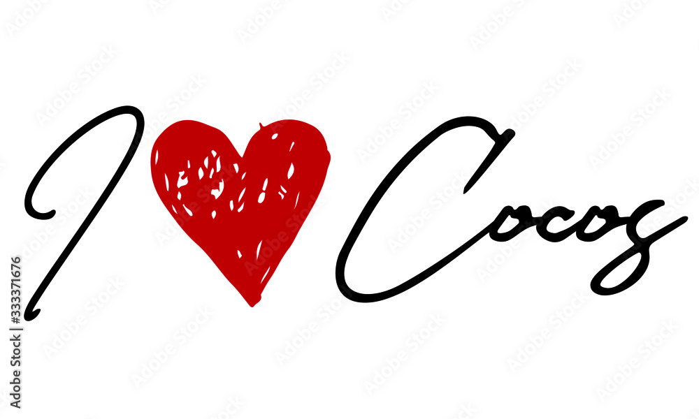 I love Cocos Red Heart and Creative Cursive handwritten lettering on white background.