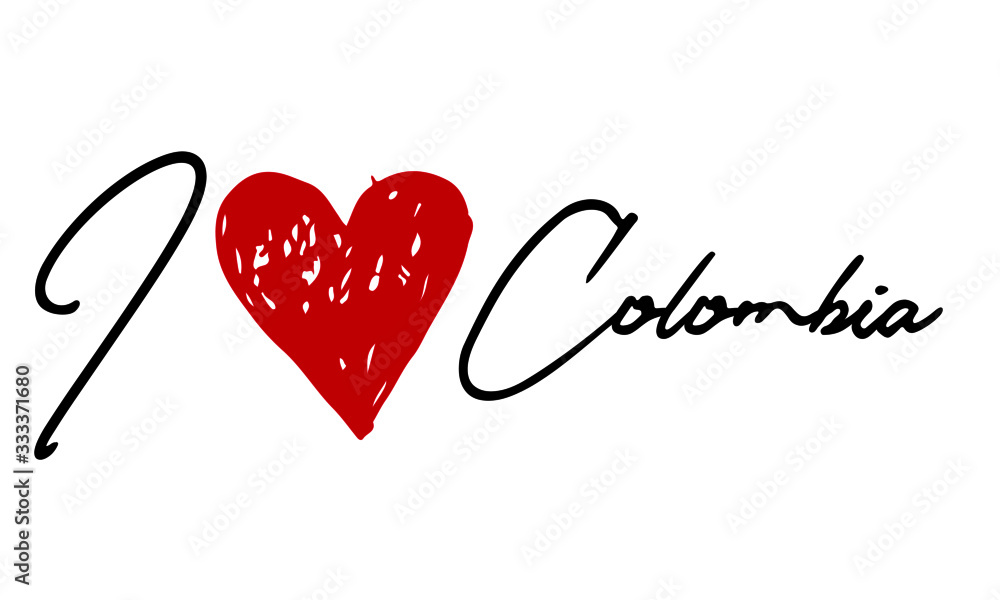 I love Colombia Red Heart and Creative Cursive handwritten lettering on white background.