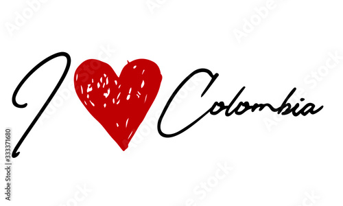 I love Colombia Red Heart and Creative Cursive handwritten lettering on white background.