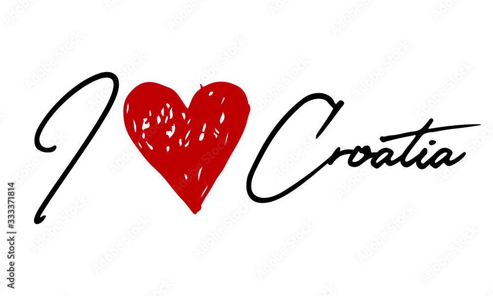 I love Croatia Red Heart and Creative Cursive handwritten lettering on white background.