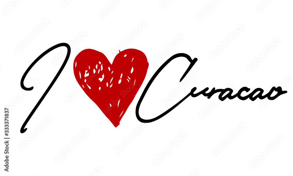 I love Curaçao Red Heart and Creative Cursive handwritten lettering on white background. I love Curaçao Red Heart and Creative Cursive handwritten lettering on white background.