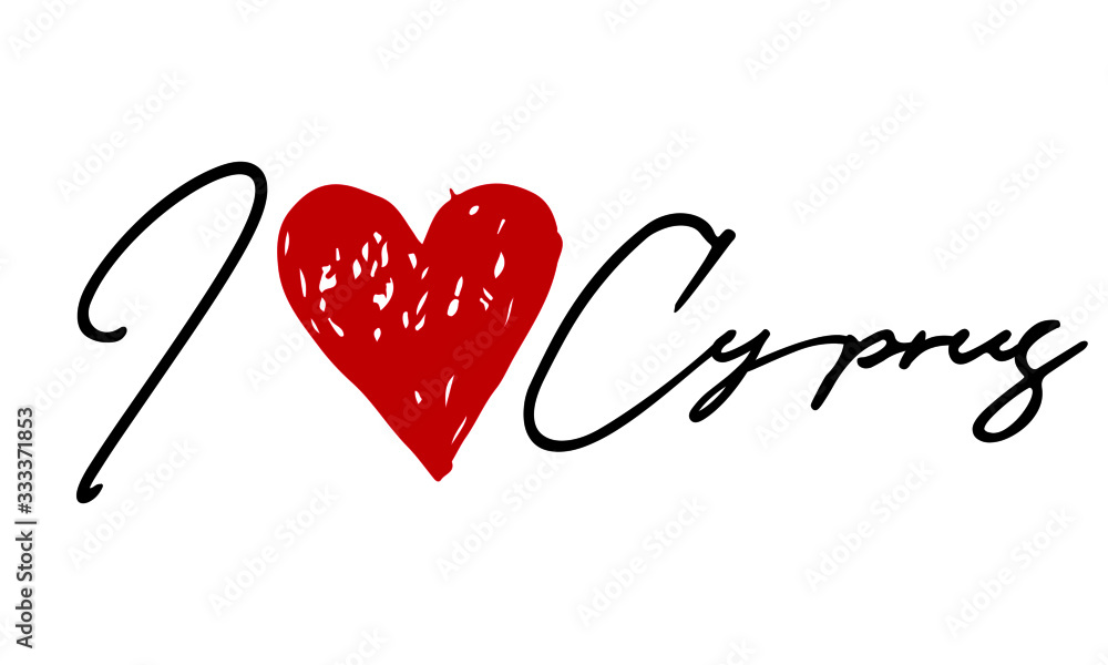 I love Cyprus Red Heart and Creative Cursive handwritten lettering on white background. I love Cyprus Red Heart and Creative Cursive handwritten lettering on white background.