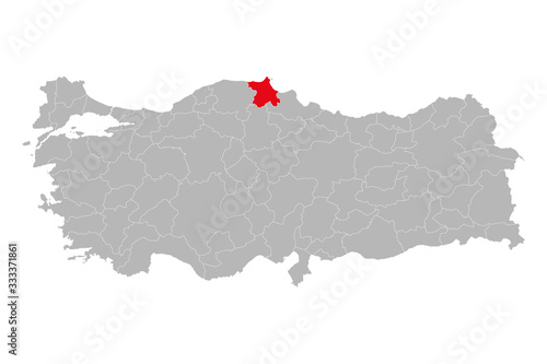 Sinop province highlighted on turkey map vector. Gray background.