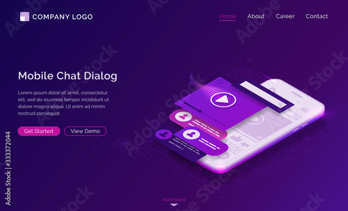 Mobile chat dialog isometric landing page, sms and audio messages ui mobile app interface layouts at smartphone screen. Media communication in messenger, speech bubbles, chatbot 3d vector web banner