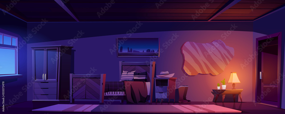 Cowboy bedroom interior at night. Vector cartoon illustration of empty room  in rustic house or ranch with wooden bed, wardrobe, hat on nightstand, bull  skin on wall and lamp light Stock Vector |