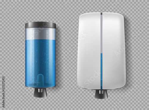 Wall dispenser for antibacterial soap and liquid antiseptic. Pump and automatic lather containers for bath or toilet room set isolated on transparent background, Realistic 3d vector icons, clip art