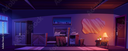 Cowboy bedroom interior at night. Vector cartoon illustration of empty room in rustic house or ranch with wooden bed, wardrobe, hat on nightstand, bull skin on wall and lamp light