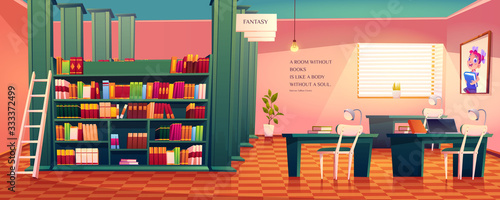Library interior, empty room for reading with various books on wooden shelves, ladder, desks with lamps and picture of schoolgirl on wall. Cozy place for literature collection cartoon vector athenaeum