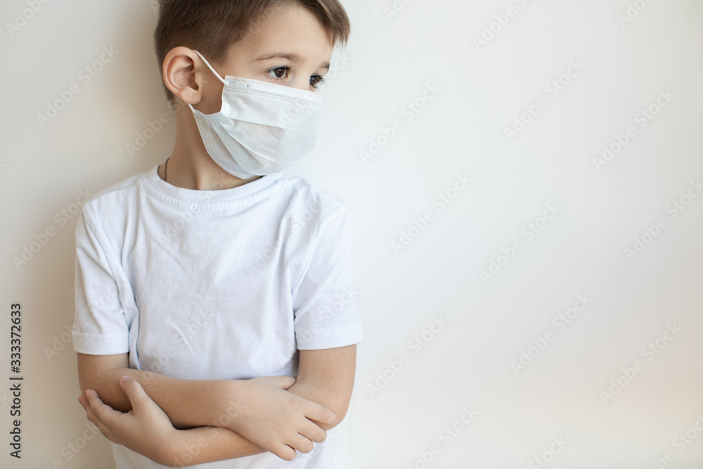 Concept of coronavirus quarantine. Child in mask . Protection against virus, infection. Health. Medical virus poster design Concept of coronavirus quarantine. Child in mask . Protection against virus, infection. Health. Medical virus poster design