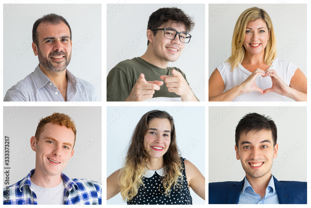 Fototapeta premium Cheerful positive people portrait set. Smiling men and women of different races and ages multiple shot collage. Human emotions concept