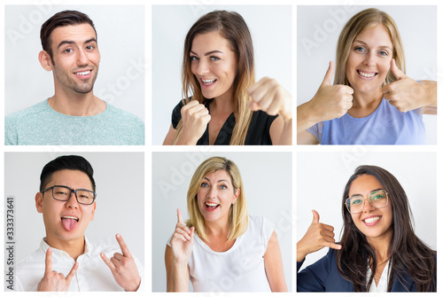 Cheerful successful people with different gestures portrait set. Men and women of different ages and races multiple shot collage. Human emotions concept